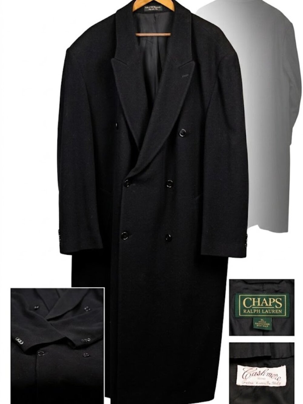 Chaps Mens Black Cashmere Blend Italian Fabric Double Breasted Overcoat 48R